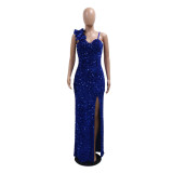 Wholesale Dress Solid Strap Sexy Sequin Slit Maxi Evening Dress