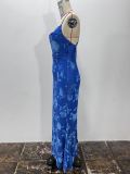 Blue Floral Elegant Evening Dress for Women