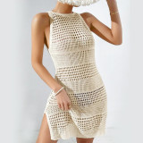 Solid Knitting Hollow Out Open Back Cover-up Beach Holidays Dress