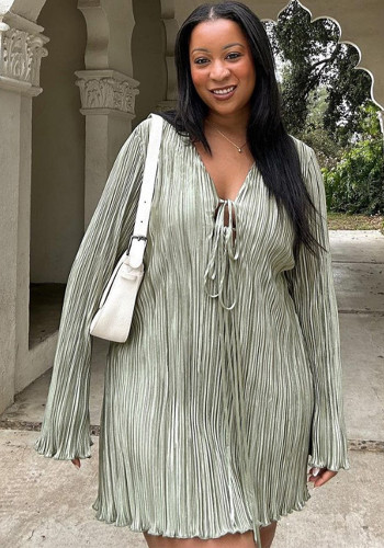 Plus Size Bell Bottom Long Sleeve Solid Short Casual Dress