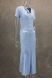 Contrast Knitting Short Sleeve V-neck Button Trim Elegant Long Dress