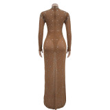 Women Round Neck Rhinestone Party Long Dress