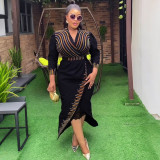 Rhinestone V-Neck Wholesale 3/4 Sleeve Chic Africa Plus Size Long Dress