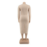 Plus Size Women Beaded Long Sleeve Slit Bodycon Dress