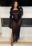 Solid Off Shoulder Slit Sexy See-Through Bodycon Long Dress With Pantie