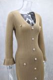 Elegant Knitting Long Sleeve V-Neck Button Maxi Dress