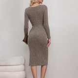 Long Sleeve High Waist Ribbed Knitting Slit Bodycon Dress