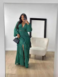 Solid Long Sleeve Elegant Patchwork V-neck Maxi Dress