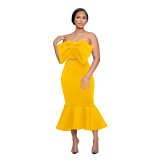 Women Bow Decor Strapless Mermaid Midi Dress