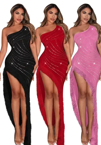 Sexy Solid Rhinestone Slash Shoulder Tassel Irregular Long Dress