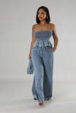 Wholesale Denim 2 Piece Set Sexy Shirred Strapless Top Wide Leg Pants