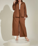 Plus Size Brown Casual Long Sleeve Wide Leg Two-piece Pants Set