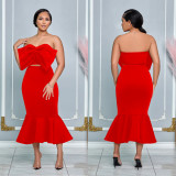 Women Bow Decor Strapless Mermaid Midi Dress