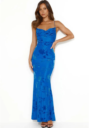 Blue Floral Elegant Evening Dress for Women