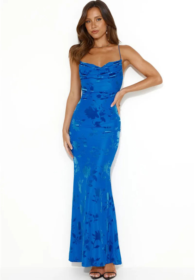 Blue Floral Elegant Evening Dress for Women