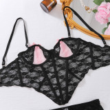 Contrast Color Corset Bra Set See-Through Lace Sexy 3-Piece Lingerie Set