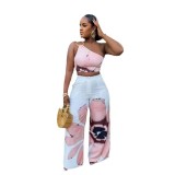 Printed One-Shoulder Crop Top Wide-Leg Pants 2 Piece Set