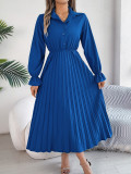 Elegant Button Turndown Collar Long Sleeve Slim Waist Pleated Long Dress