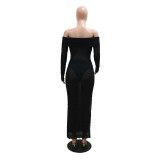 Solid Off Shoulder Slit Sexy See-Through Bodycon Long Dress With Pantie
