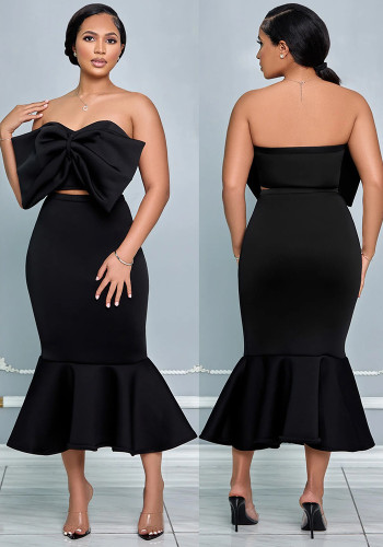 Women Bow Decor Strapless Mermaid Midi Dress