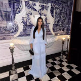 Solid Long Sleeve Elegant Patchwork V-neck Maxi Dress