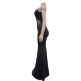 Wholesale Rhinestone Straps Solid Mesh Patchwork Long Evening Dress