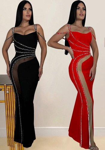 Wholesale Rhinestone Straps Solid Mesh Patchwork Long Evening Dress