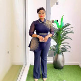 Plus Size Women Beaded Embroidered Irregular Top + Trousers African Two-piece Set