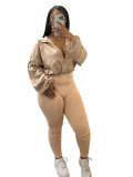 Solid Sports Two-Piece Set Zipper Elastic Buckle Slim Waist Long Sleeve Crop Top Pants