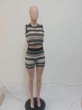 Knitting Striped Sleeveless Crop Top High Waist Shorts Wholesale Two Piece Set