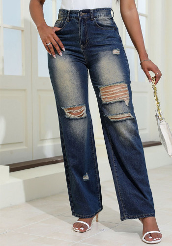 Retro Ripped Straight Leg Denim Pants
