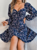 Sexy Tie Front Square Neck Floral Long Sleeve A-Line Short Dress