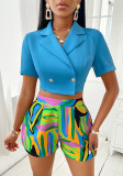 Short Sleeve Crop Top and Printed Shorts Trendy 2 Piece Set