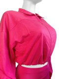 Solid Sports Two-Piece Set Zipper Elastic Buckle Slim Waist Long Sleeve Crop Top Pants