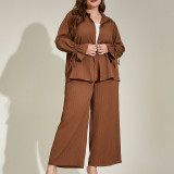 Plus Size Brown Casual Long Sleeve Wide Leg Two-piece Pants Set