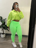 Solid Sports Two-Piece Set Zipper Elastic Buckle Slim Waist Long Sleeve Crop Top Pants