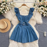 Fashion Ruffled Straps Denim A-Line Short Dress