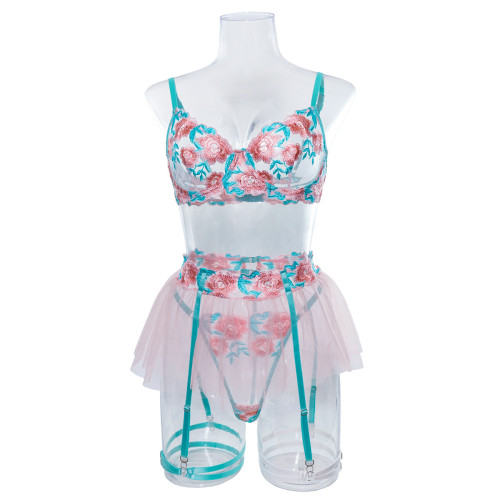 Women Embroidered Floral See Through Sexy Lingerie Set