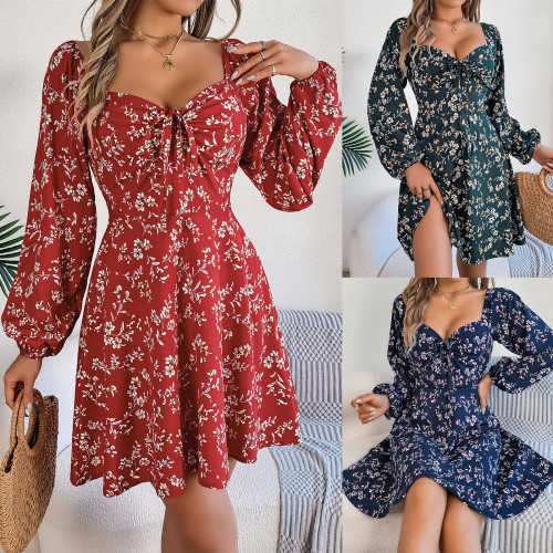 Sexy Tie Front Square Neck Floral Long Sleeve A-Line Short Dress