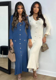 Elegant Knitting Long Sleeve V-Neck Button Maxi Dress