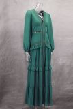 Solid Long Sleeve Elegant Patchwork V-neck Maxi Dress