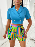 Short Sleeve Crop Top and Printed Shorts Trendy 2 Piece Set