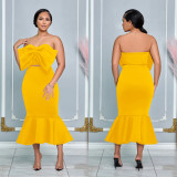 Women Bow Decor Strapless Mermaid Midi Dress