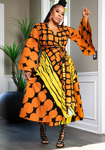 Plus Size African Printed Wrap V-Neck Long Sleeve Maxi Dress
