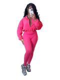 Solid Sports Two-Piece Set Zipper Elastic Buckle Slim Waist Long Sleeve Crop Top Pants