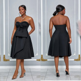 Women Solid Strapless High Waist Midi dress
