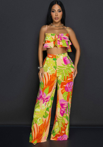Tropical Print Ruffle Cami Top Wide Leg Pants 2PCS Set