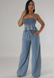 Wholesale Denim 2 Piece Set Sexy Shirred Strapless Top Wide Leg Pants