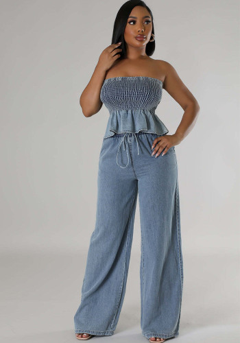 Wholesale Denim 2 Piece Set Sexy Shirred Strapless Top Wide Leg Pants