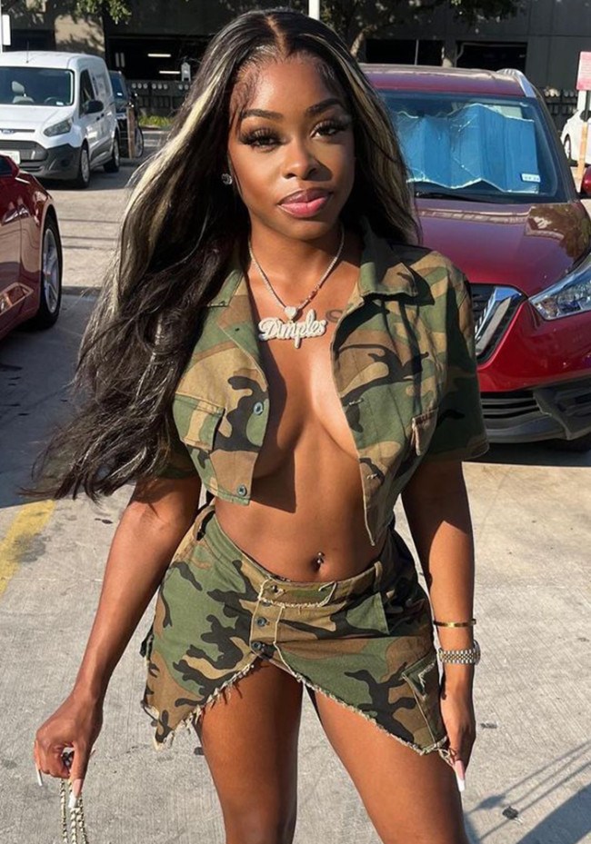 Camo Print Pocket Irregular Sexy Two-Piece Mini Skirt Set